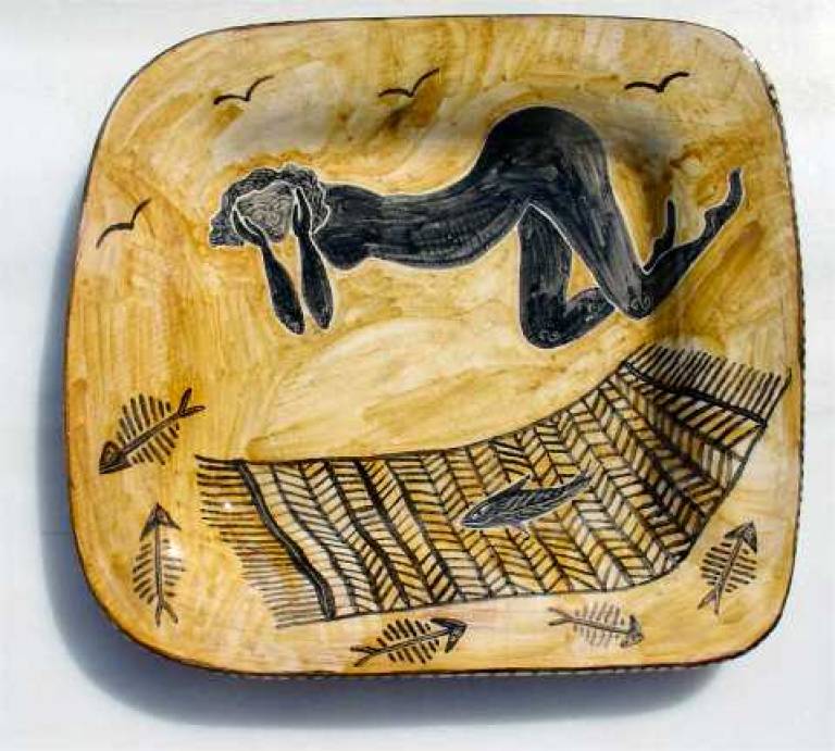 Square plate with woman and fish mat - Morag MacInnes