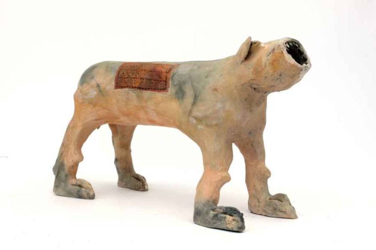 Ochre desert dog with blanket and teeth - Morag MacInnes