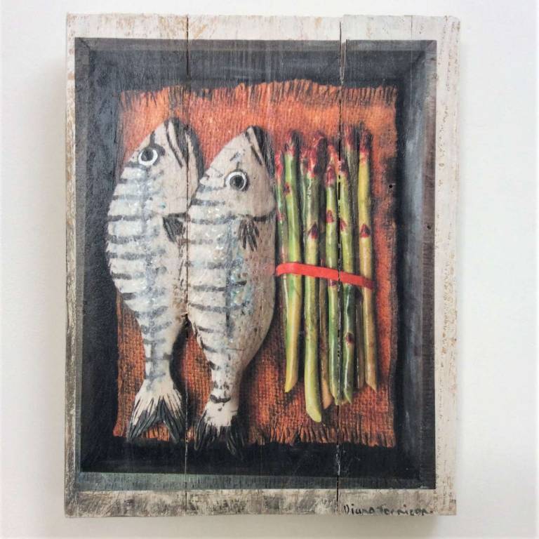 Hand Embellished Wood Panel Print - Gilthead Seabream & Asparagus 4/30 DTW13 - Diana Tonnison