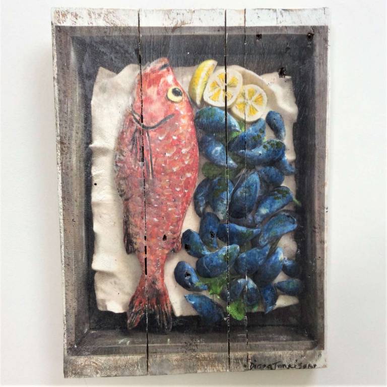 Hand Embellished Wood Panel Print - Red Snapper & Mussels 3/30 DTW14   - Diana Tonnison