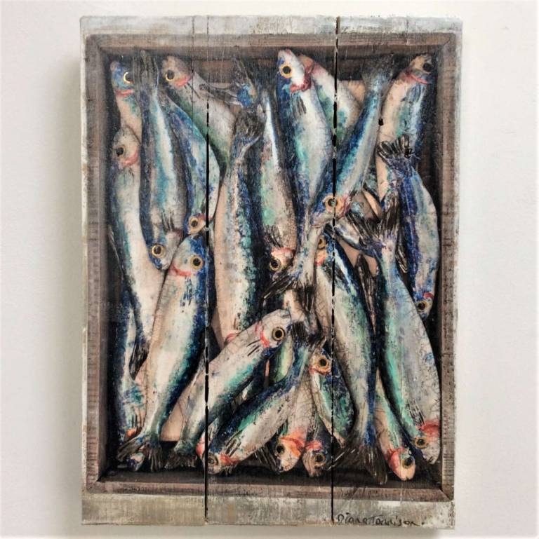 Hand Embellished Wood Panel Print - Mediterranean Sardines II Ed. 8/30 DTW04 - Diana Tonnison