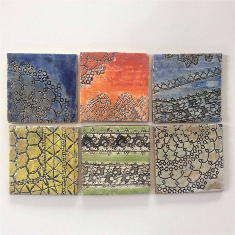 6 Handmade tiles Vintage lace patterns #1  100 x 8mm each - Diana Tonnison