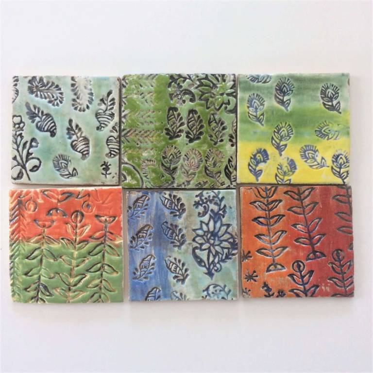 6 Handmade tiles Indian Print block patterns #2  100 x 8mm each - Diana Tonnison