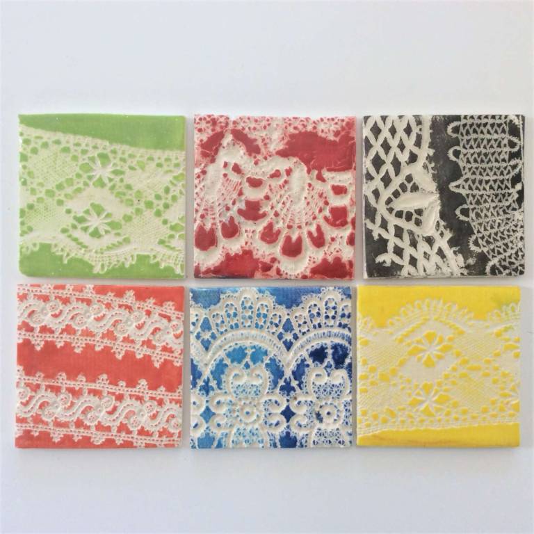 6 Handmade tiles Vintage off white lace patterns #4  100 x 8mm each - Diana Tonnison