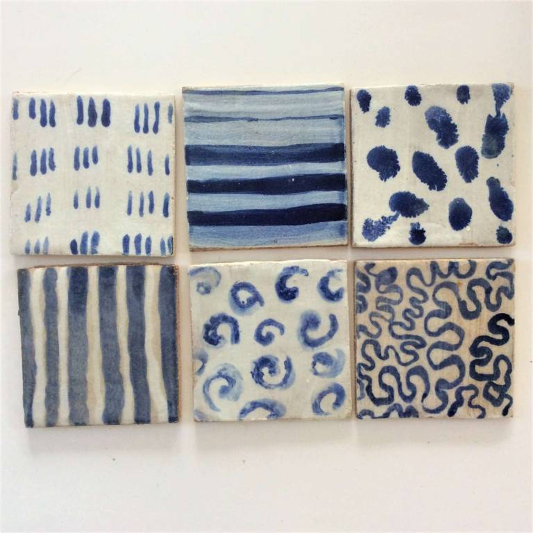 6 Handmade tiles Blue & White freehand contemporary #5  100 x 8mm each - Diana Tonnison