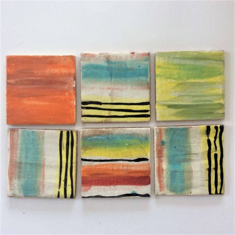 6 Handmade tiles Colourful Freehand Glazes stripes #6  100 x 8mm each - Diana Tonnison