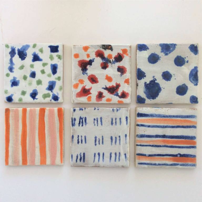 6 Handmade tiles Colourful Freehand Glazes Blue & Orange #8  100 x 8mm each - Diana Tonnison