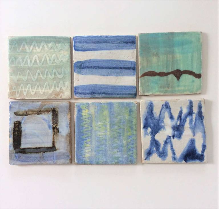 6 Handmade tiles Painterly Blues #10 100 x 8mm each (copy) - Diana Tonnison