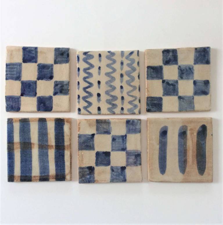 6 Handmade tiles Vintage Blues #11 100 x 8mm each - Diana Tonnison