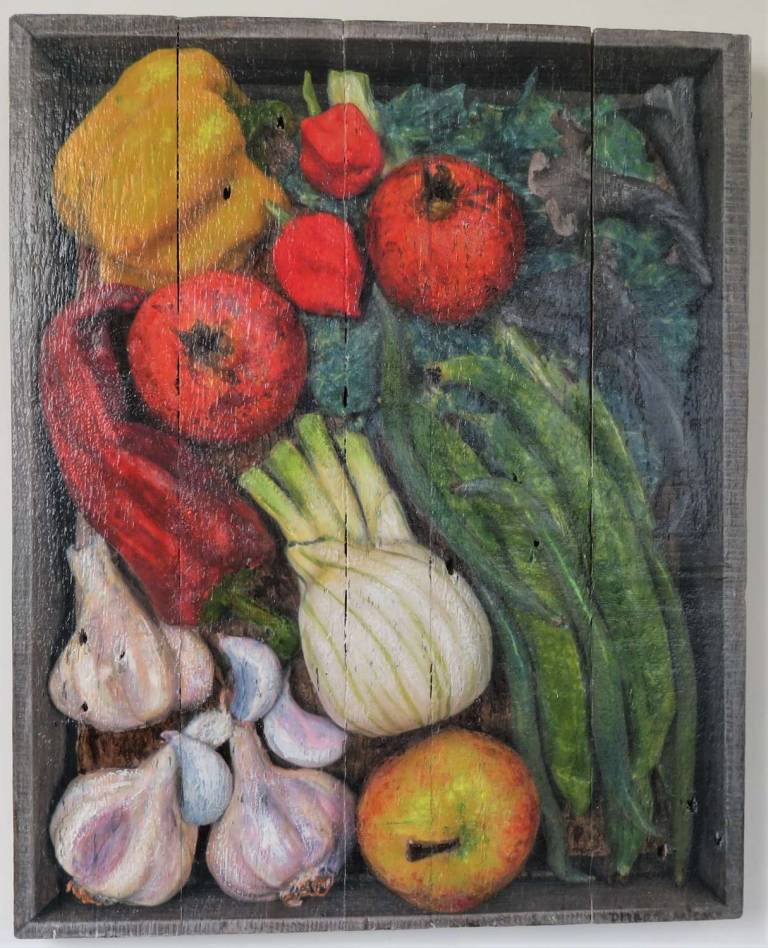 Wood Panel -Mixed fruit and Veg Box II DTW34 - Diana Tonnison