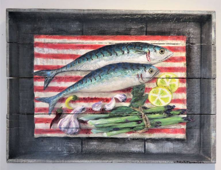 Wood Panel -Mackerel & Asparagus DTW30 - Diana Tonnison