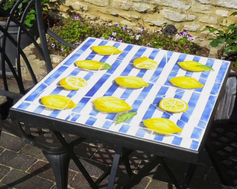 Lemons on Blue Stripes,  Mosaic tabletop - Diana Tonnison