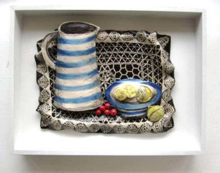 Blue striped jug and bowl on lace cloth - Diana Tonnison