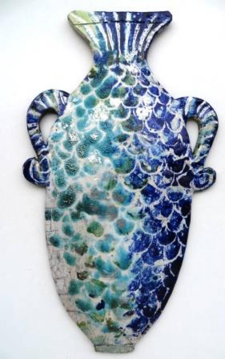Decorative wall pot - fish scale design in blues and greens #8 - Diana Tonnison