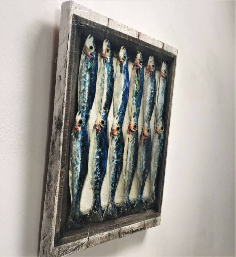 Hand Embellished Wood Panel Print - Dozen Sardines Ed. 7/30 DTW05 - Diana Tonnison