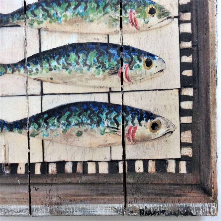 Hand Embellished Wood Panel Print - Five Mackerel Ed.3/30 DTW10 - Diana Tonnison
