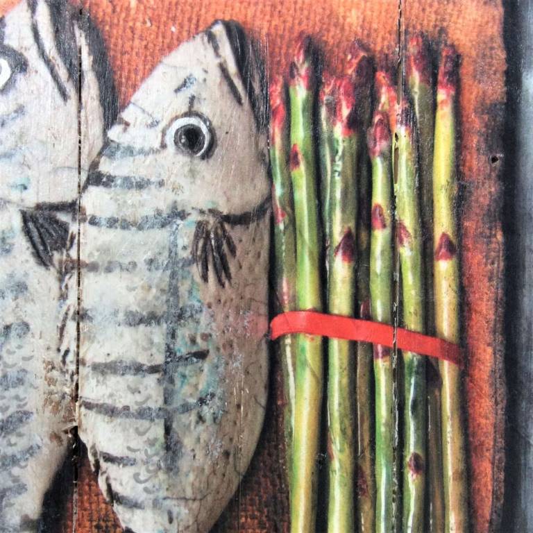 Hand Embellished Wood Panel Print - Gilthead Seabream & Asparagus 4/30 DTW13 - Diana Tonnison