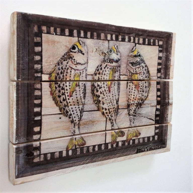 Hand Embellished Wood Panel Print - Three Yellowfin Seabream AP/1  - Diana Tonnison