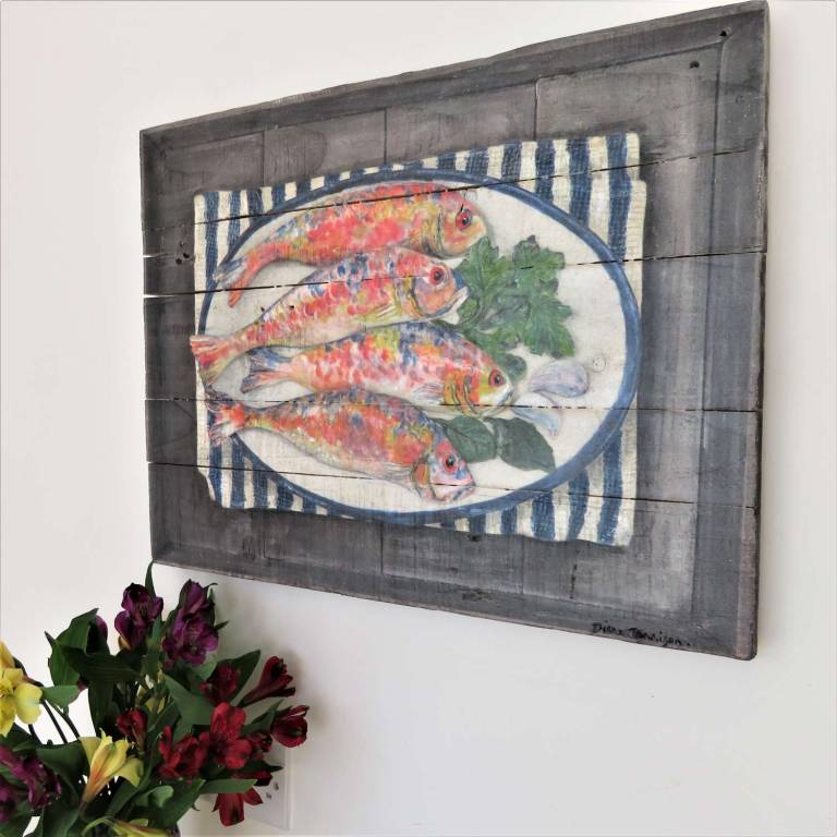Wood Panel -Salmonetes Supper DTW28 - Diana Tonnison