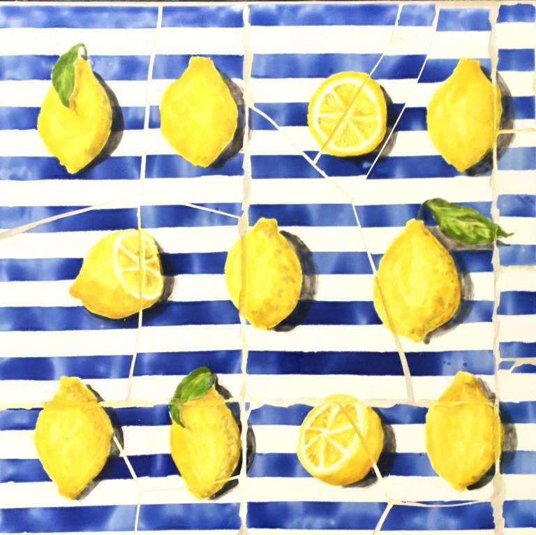 Lemons on Blue Stripes,  Mosaic tabletop - Diana Tonnison