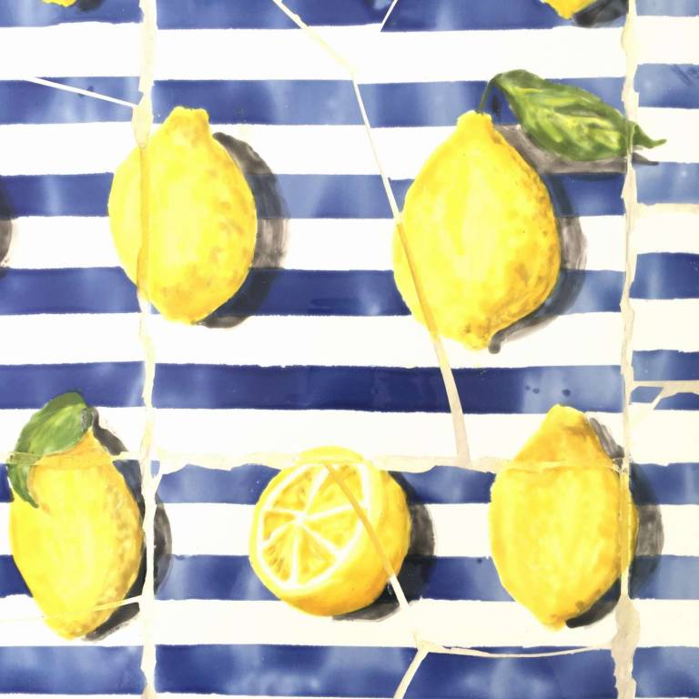 Lemons on Blue Stripes,  Mosaic tabletop - Diana Tonnison