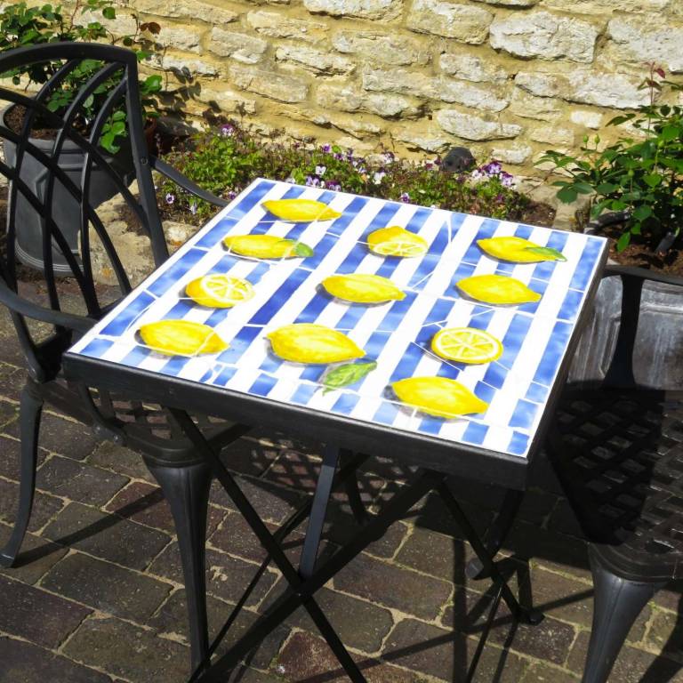 Lemons on Blue Stripes,  Mosaic tabletop - Diana Tonnison