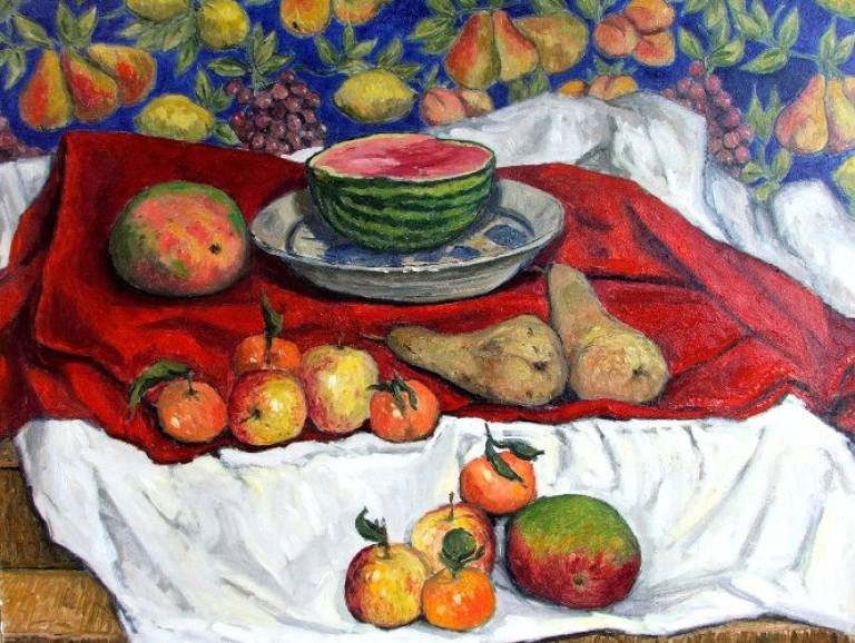 Watermelon and fruit on red and white - Cyppo  Streatfeild