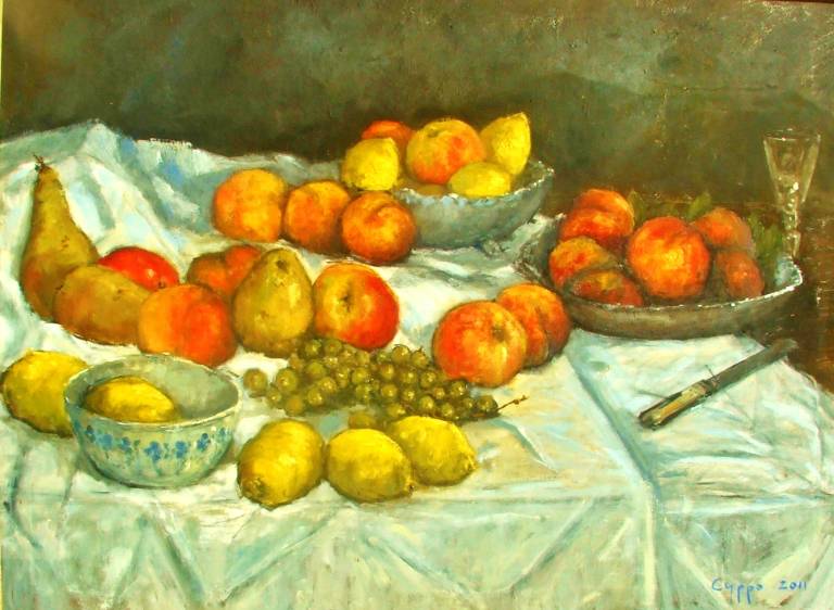 Fruit, knife and empty glass.  - Cyppo  Streatfeild