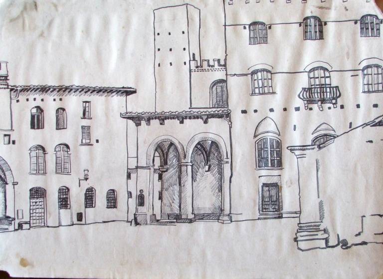 Drawing. Piazza del Duomo. San Gimignano - Cyppo  Streatfeild