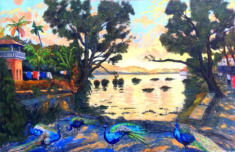 Peacocks & Setting Sun Beside the Lake. Sri Lanka SOLD - Cyppo  Streatfeild