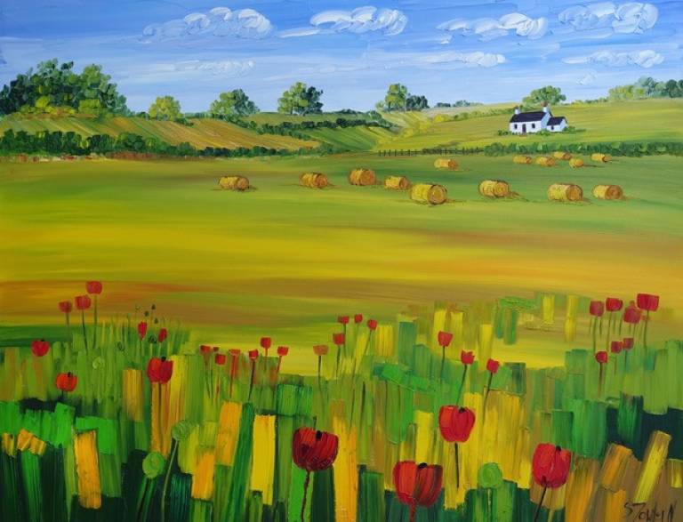 Hay Bales and Corn Poppies (75 x 60cm) - Sheila Fowler