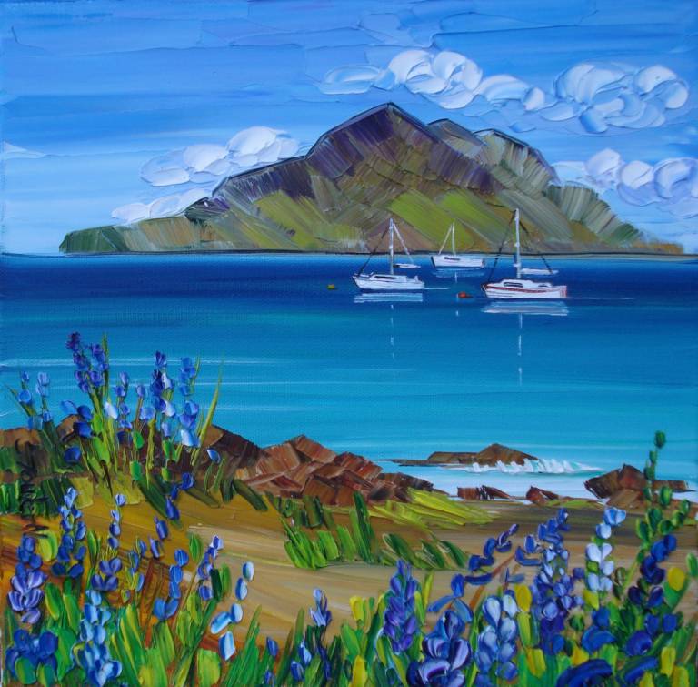 Bluebells and Boats at The Holy Isle Arran (30 x 30cm) £79 - Sheila Fowler