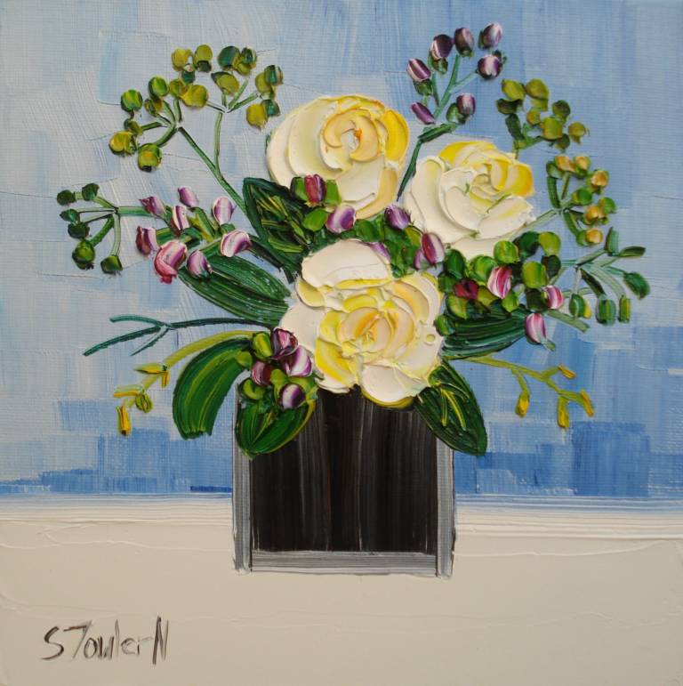 Pale Yellow Roses and Wildflowers (20 x 20cm) SOLD - Sheila Fowler