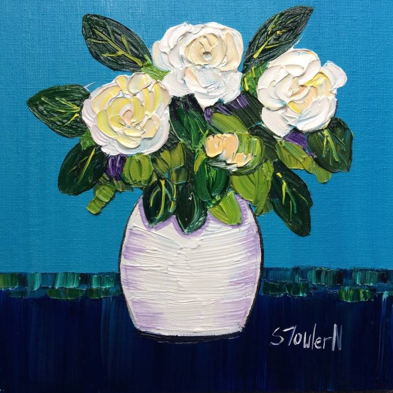 White Roses on Blue  (20 x 20cm) £35 - Sheila Fowler