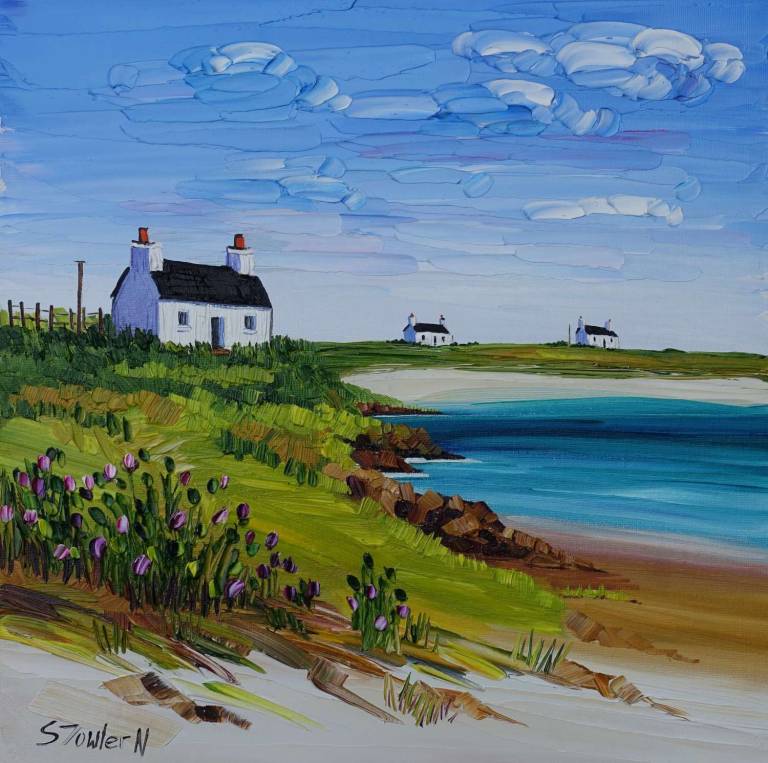 Cottages and Wild Thistles Tiree(30 x 30cm) SOLD - Sheila Fowler