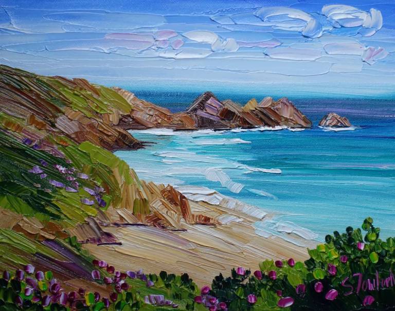 Coastal Cliffs and Wildflowers Porthcurno (25 x 20cm) SOLD - Sheila Fowler