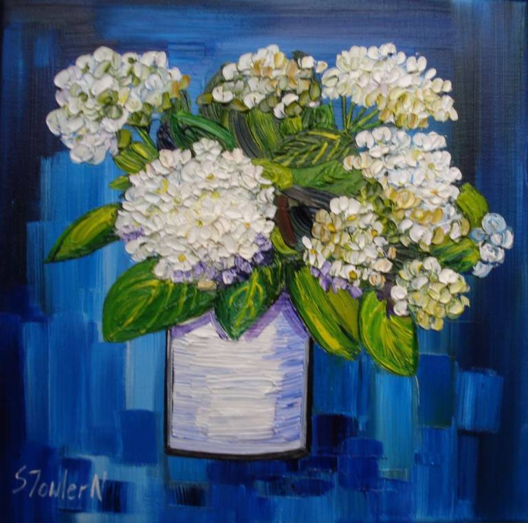 White Hydrangeas (30 x 30cm) SOLD  - Sheila Fowler