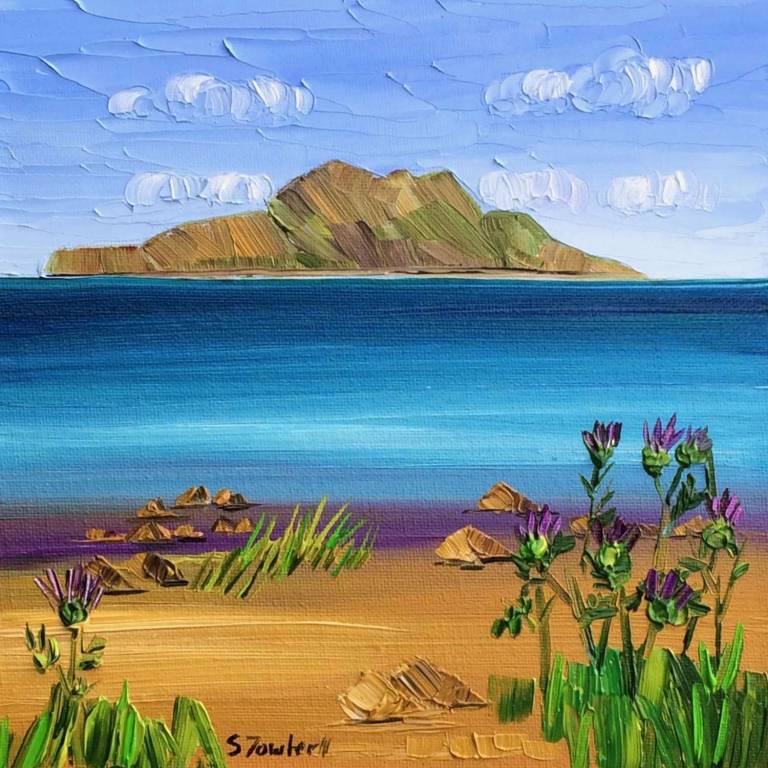 Wild Thistles and The holy Isle 20 X 20cm SOLD - Sheila Fowler