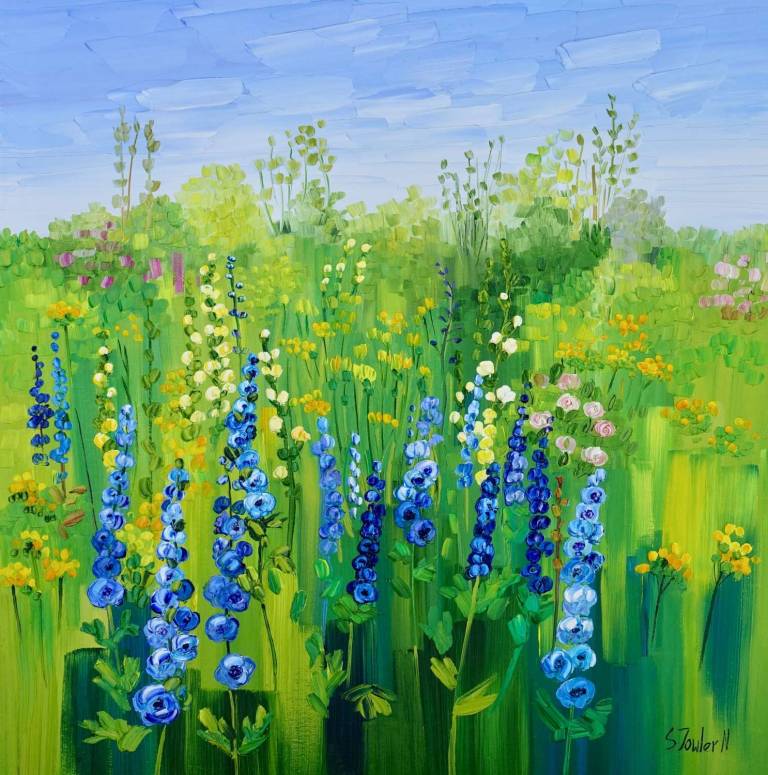 Summer Garden with Delphiniums SOLD - Sheila Fowler