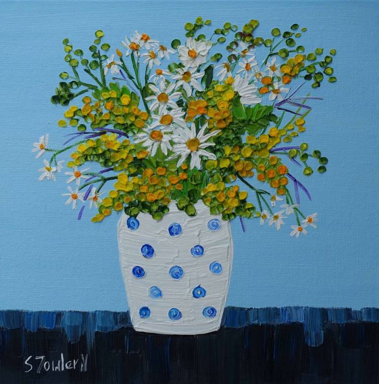Daisies in a Spotted Vase 20 x 20cm SOLD - Sheila Fowler