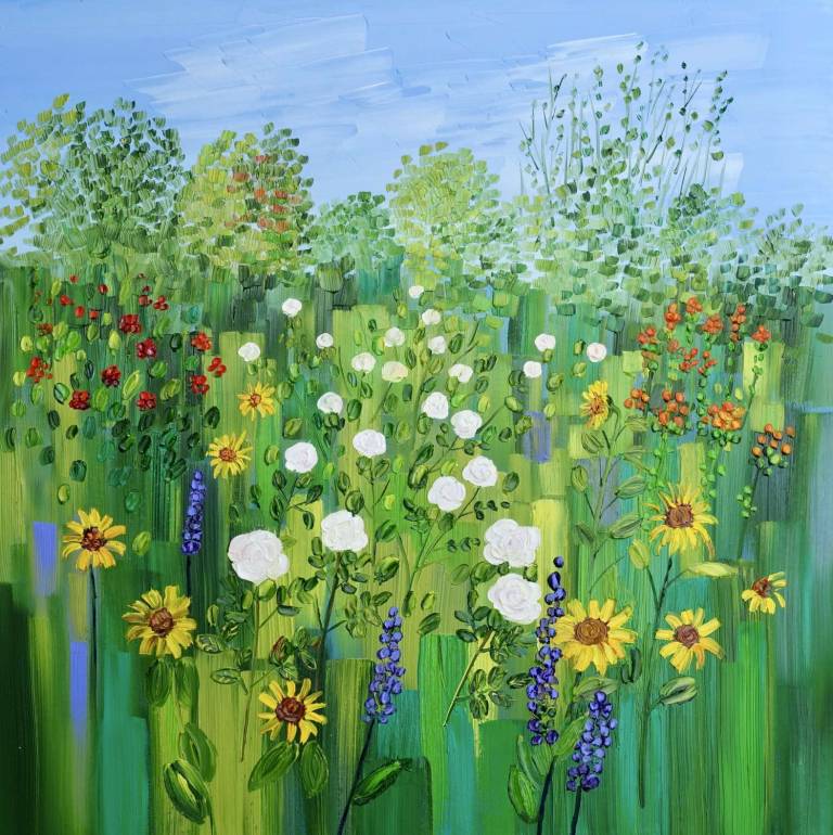 Summer Border with Roses and Sunflowers £65 - Sheila Fowler