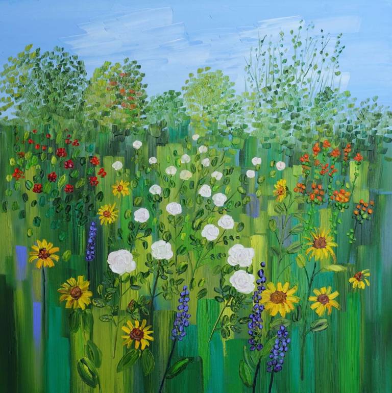 Summer Border with Roses and Sunflowers SOLD - Sheila Fowler