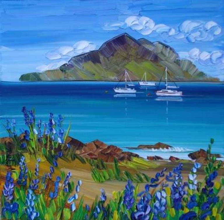 Bluebells and Boats at The Holy Isle 25 x 25cm (ART PRINT OF ARRAN - click for d - Sheila Fowler