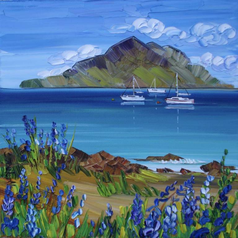 Summer Wildflowers Brodick Bay and Bluebells and Boats at The Holy Isle - Sheila Fowler