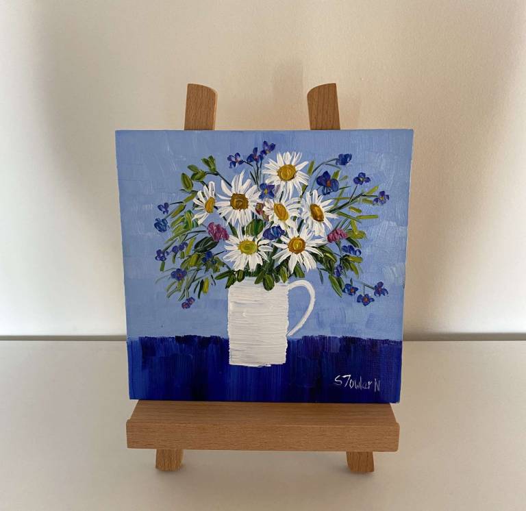 Summer Daisies on Blue SOLD - Sheila Fowler