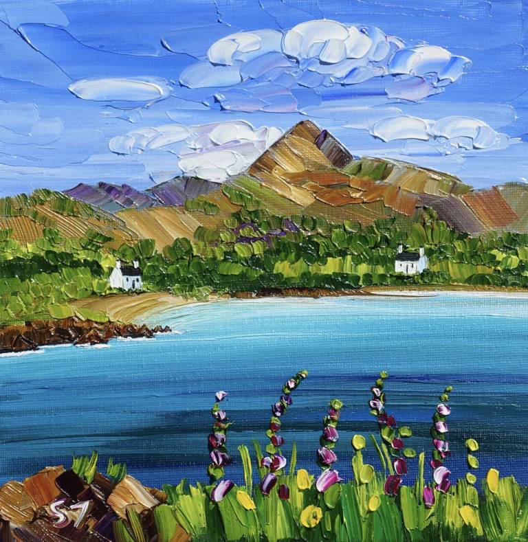 "Foxgloves Brodick Bay Arran" (25 x 25cm) (ART PRINT OF ARRAN - click for detail - Sheila Fowler