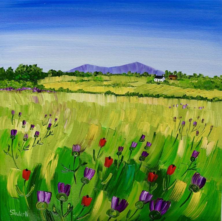 Thistles and Poppies - framed size 55 x 55cm - Sheila Fowler