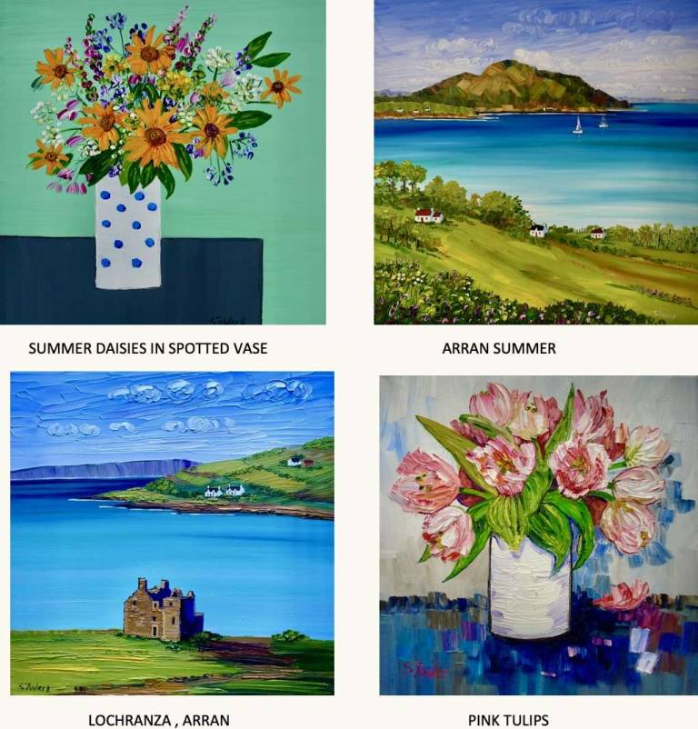 4 X GREETINGS CARDS - ARRAN AND FLOWERS - Sheila Fowler