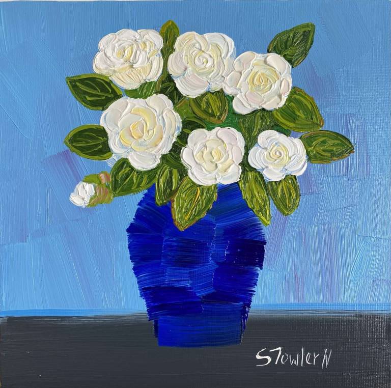 White Roses in Blue Vase - Sheila Fowler