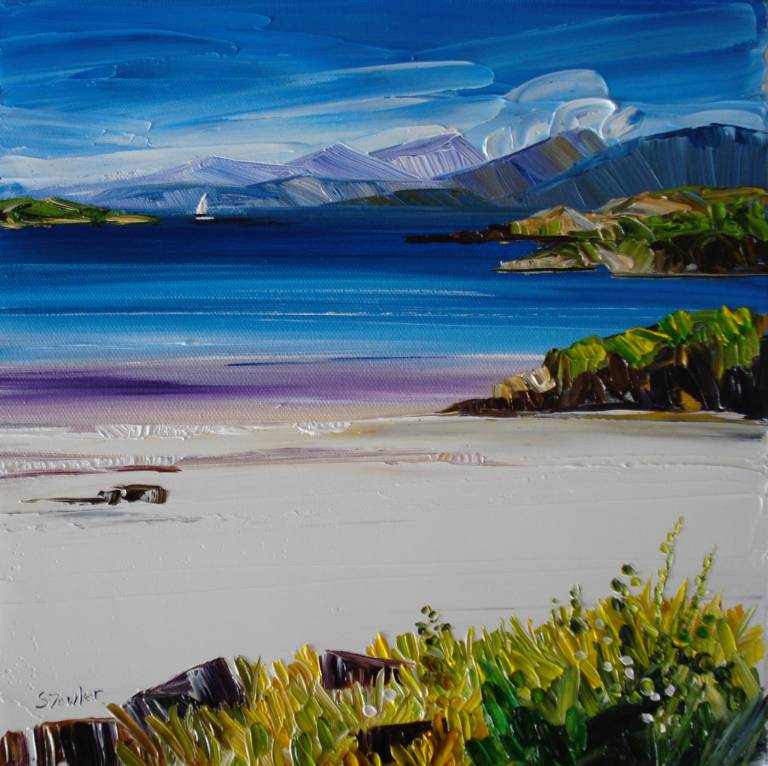 SET 4 Blue Skies Barra; Beach Rocks; Distant Sail and Loch Dunvegan £10 - Sheila Fowler